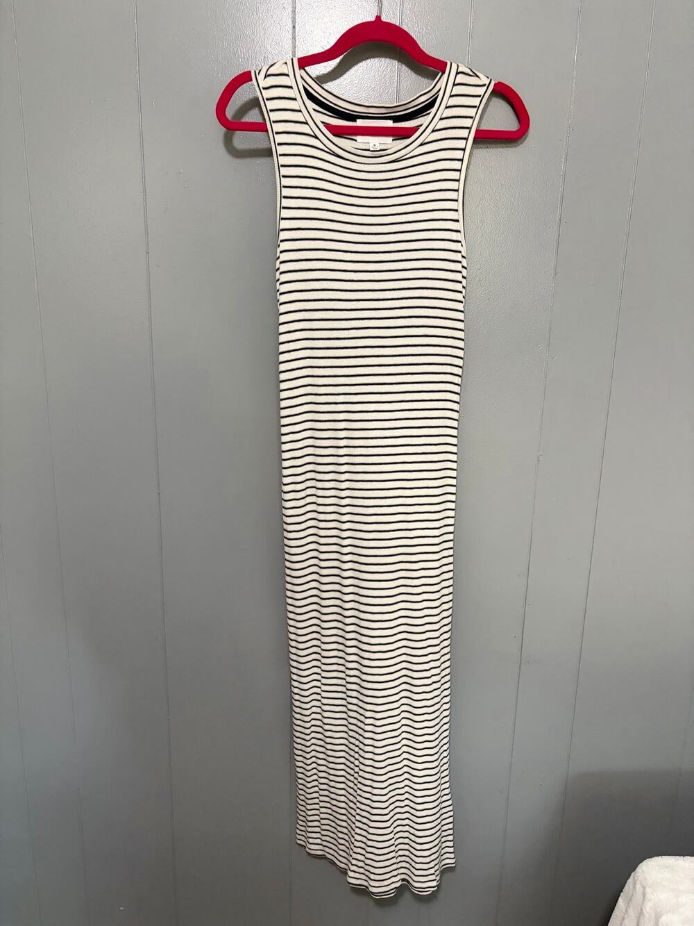 Olive & Oak White Navy Soft Striped Ribbed Knit Minimalist Tank Maxi Dress M